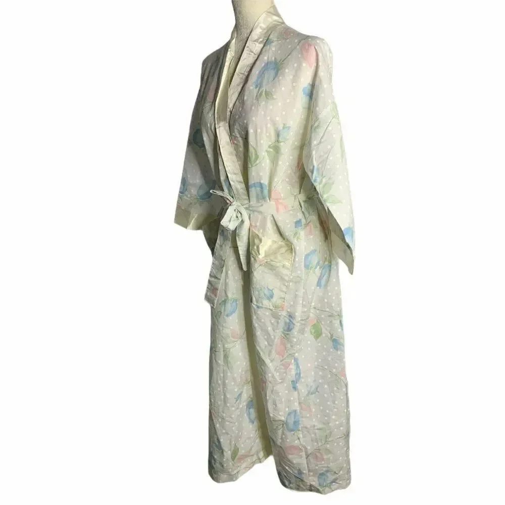 Vintage Long Floral Belted Robe S White Polka Dots